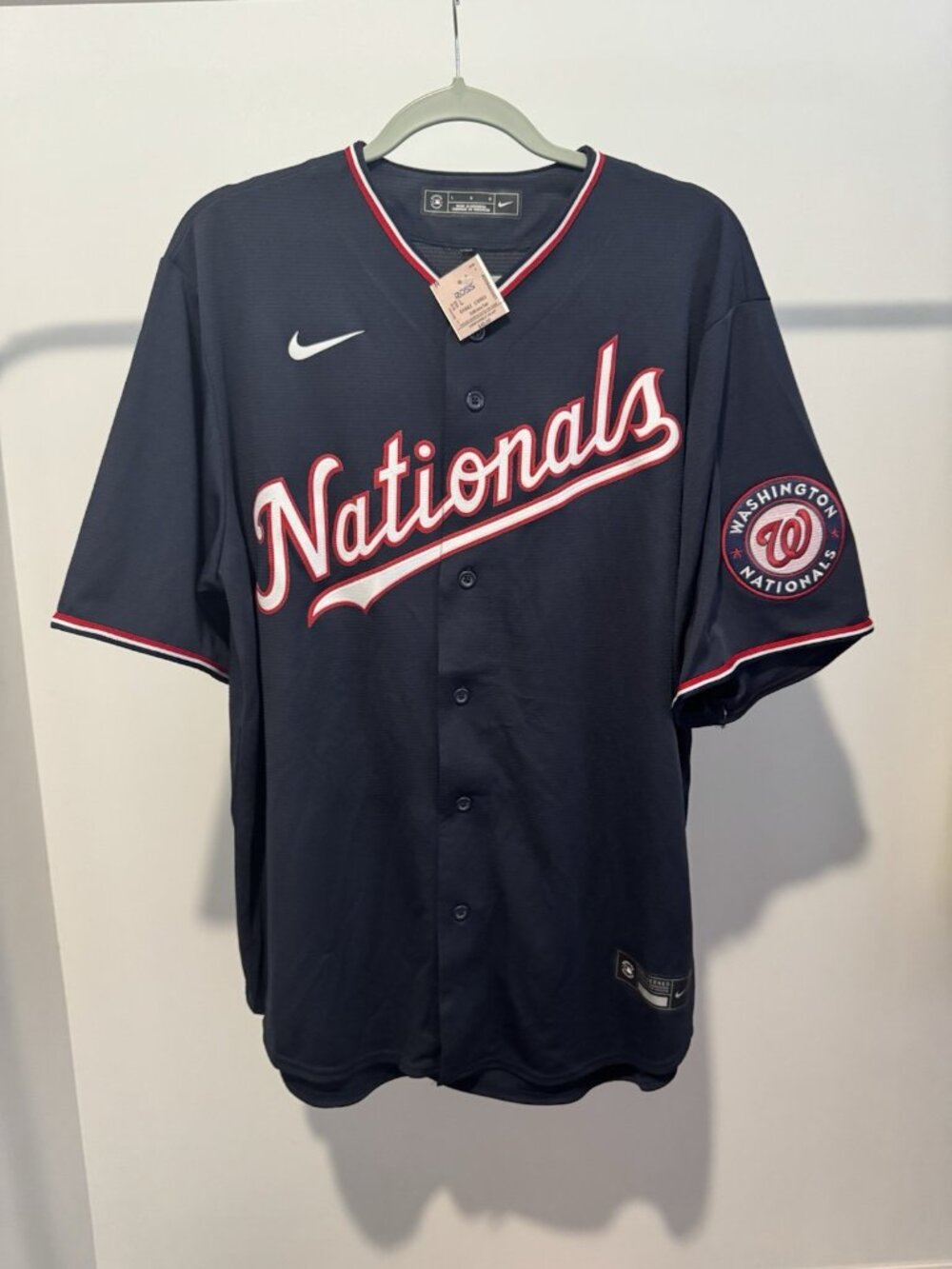 Nike Washington Nationals Jersey Men's Large Navy Script Logo New Without Tags